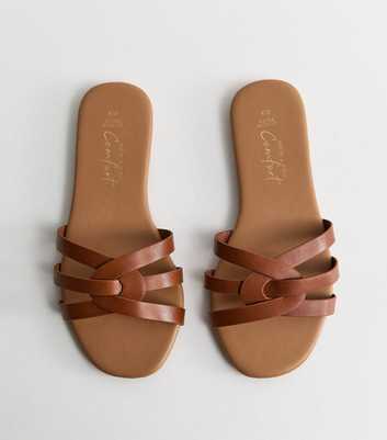 Extra Wide Fit Tan Faux Leather Interwoven Flat Mule Sandals