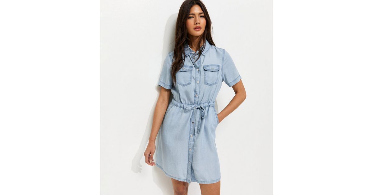 Light Blue Lightweight Denim Shirt A line Mini Dress