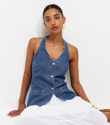 Blue Cotton Longline Halter Neck Waistcoat | New Look
