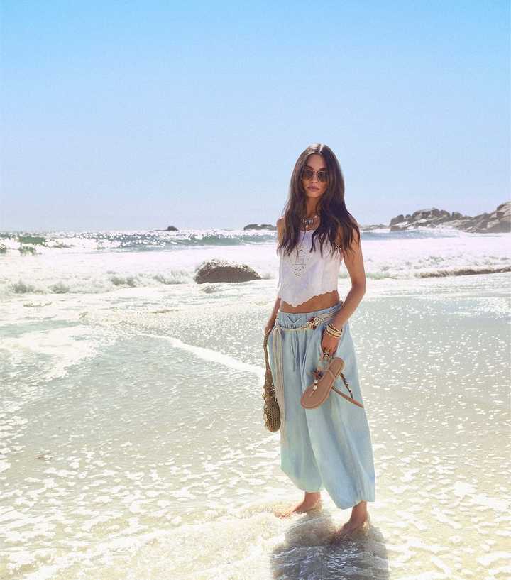 Light Blue Denim Tapered Balloon Leg Trousers