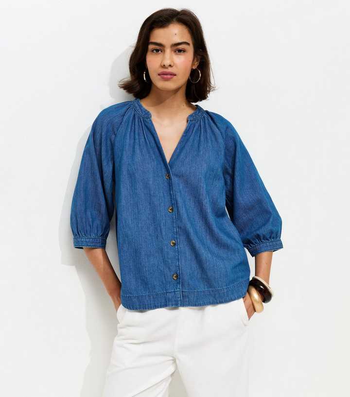 Blue Denim Cropped Sleeve Shirt