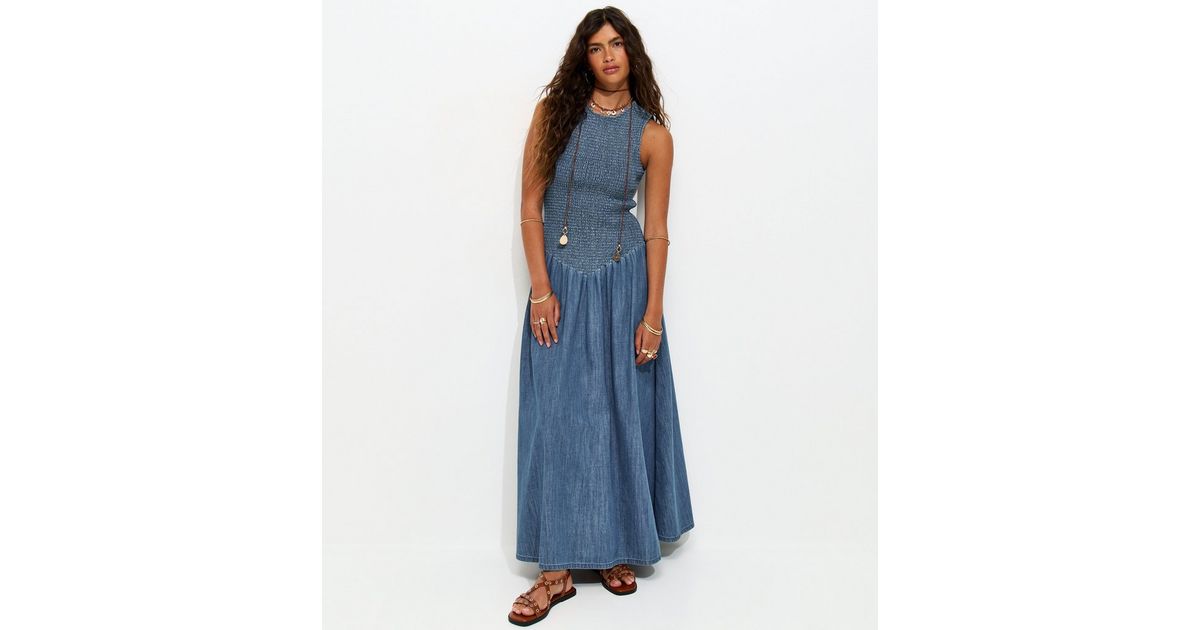 Blue Denim Shirred Dropped Waist Maxi Dress