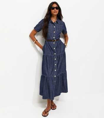 Blue Cotton Short Sleeve Tiered Belted Denim Midi Dress