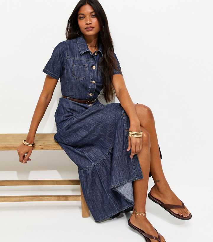Blue Cotton Short Sleeve Tiered Belted Denim Midi Dress | New Look Blue Cotton Short Sleeve Tiered Belted Denim Midi Dress | New Look