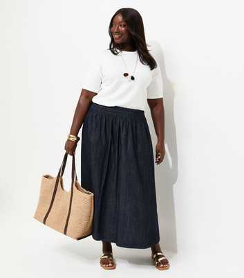 Curves Indigo Wash Shirred Midi Skirt