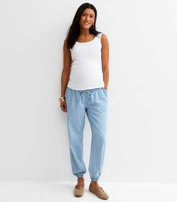 Maternity Light Blue Denim Look Cuffed Over Bump Joggers