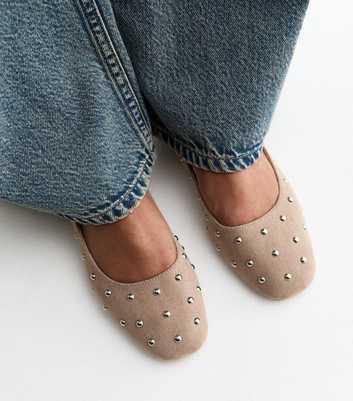 Light Brown Faux Suede Studded Ballet Pumps