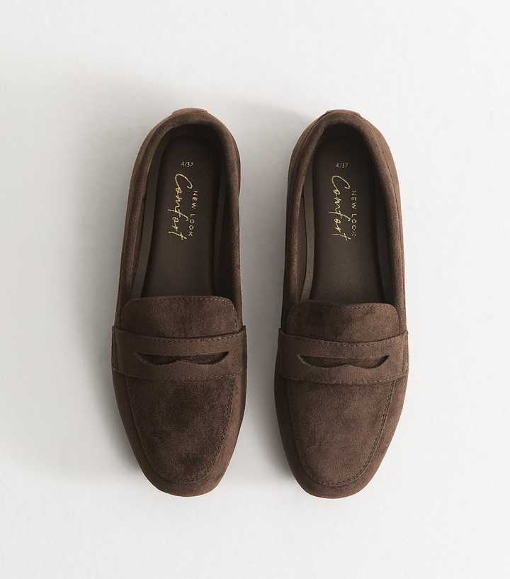 Dark Brown Faux Suede Flat Penny Loafers