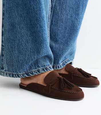 Brown Faux Suede Flat Tassel Loafer Mules