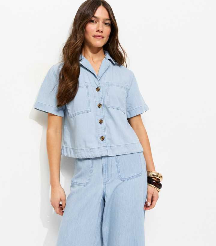 Petite Light Blue Denim Short Sleeve Boxy Shirt