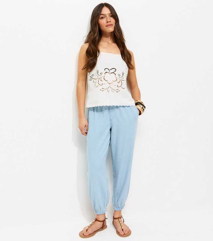Petite Light Blue Cuffed Ankle Denim Cargo Trousers