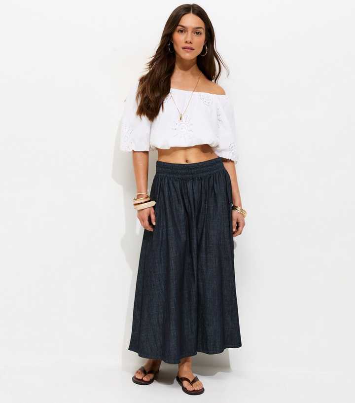 Petite Navy Shirred Midi Skirt