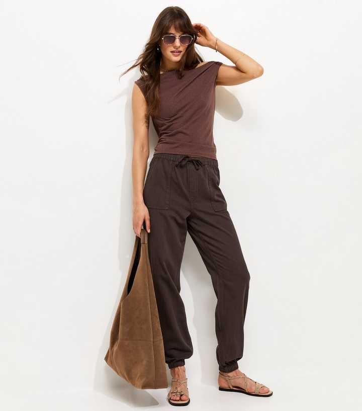 Tall Dark Brown Cotton Cuffed Twill Cargo Trousers