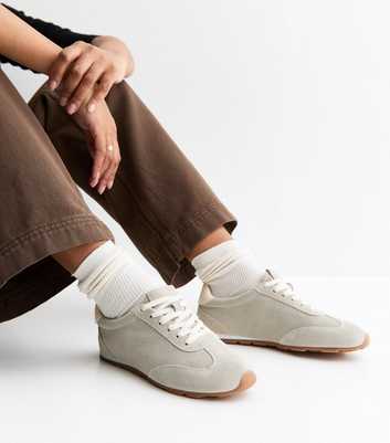 Premium Real Leather Grey Suede Contrast Heel Lace Up Trainers