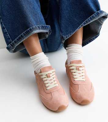 Premium Real Leather Light Pink Suede Contrast Heel Lace Up Trainers