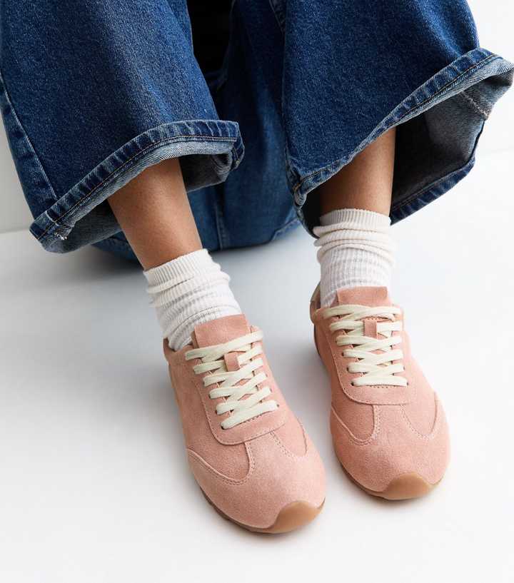 Premium Real Leather Light Pink Suede Contrast Heel Lace Up Trainers