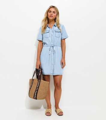 Petite Light Blue Short Sleeve Chambray Shirt Dress
