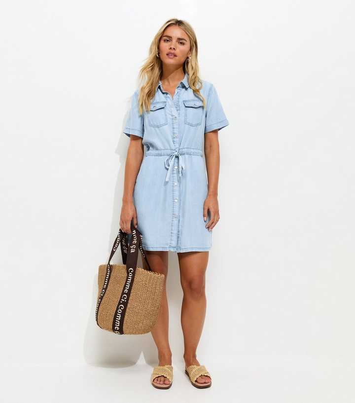 Petite Light Blue Short Sleeve Chambray Shirt Dress