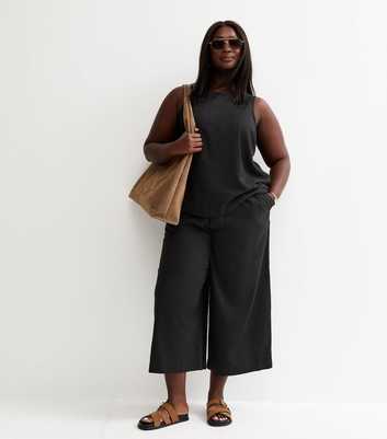 Curves Black Linen Blend Cropped Drawstring Trousers