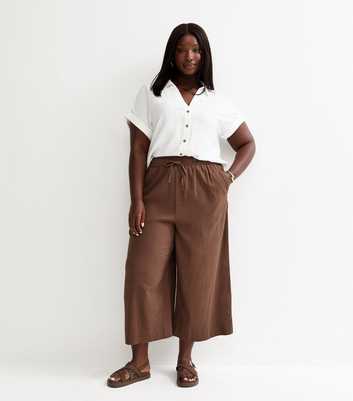 Curves Dark Brown Linen Blend Cropped Drawstring Trousers