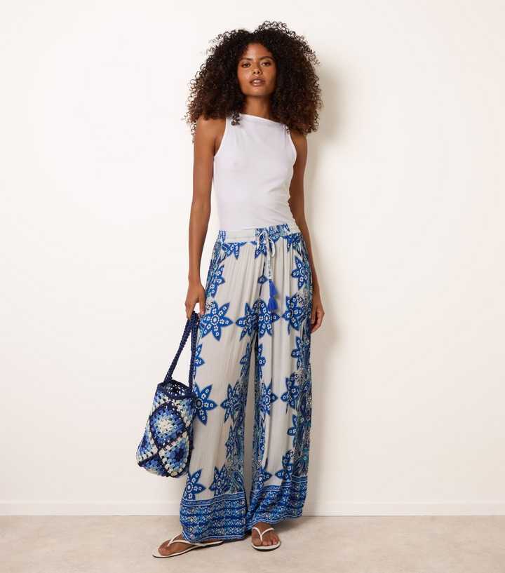 Blue Vanilla Blue Wide Leg Printed Trousers