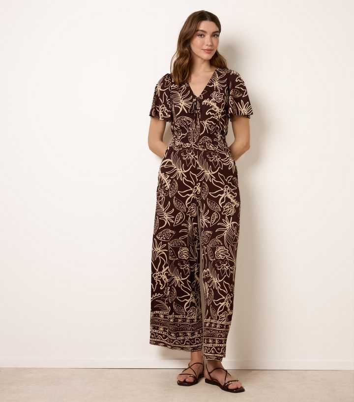 Blue Vanilla Brown Floral Short Sleeve Jumpsuit