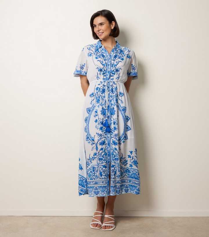 Blue Vanilla Blue Floral Midi Shirt Dress