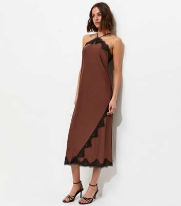Dark Brown Satin Lace Trimmed Halter Neck Midi Dress