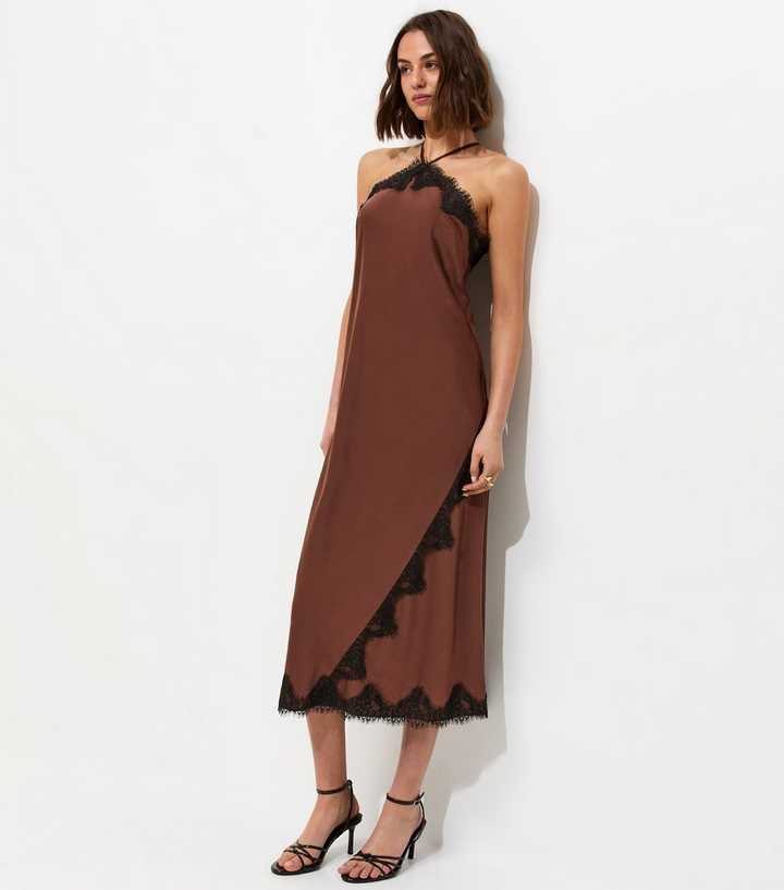 Dark Brown Satin Lace Trimmed Halter Neck Midi Dress