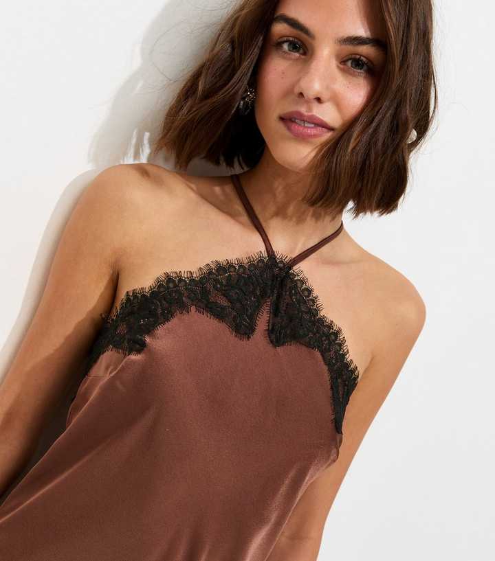 Dark Brown Satin Lace Trimmed Halter Neck Midi Dress | New Look Dark Brown Satin Lace Trimmed Halter Neck Midi Dress | New Look