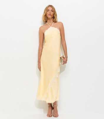 Light Yellow Satin Lace Trimmed Halter Neck Midi Dress