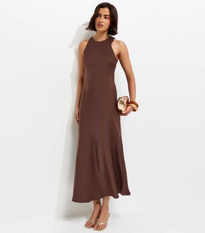 Dark Brown Satin High Neck Maxi Dress | New Look
