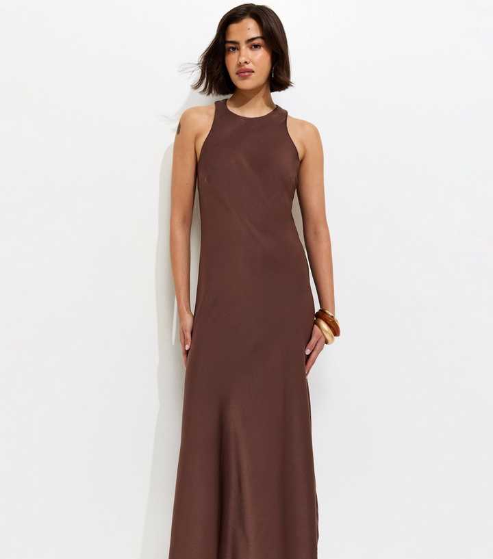 Dark Brown Satin High Neck Maxi Dress | New Look