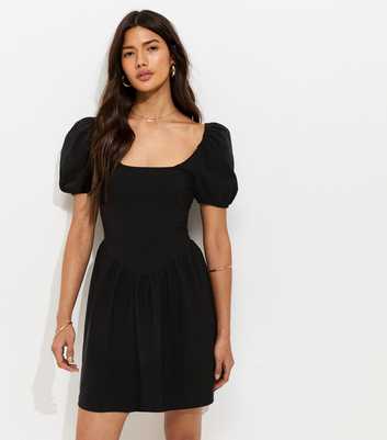 Black Puff Sleeve V Waist Mini Dress