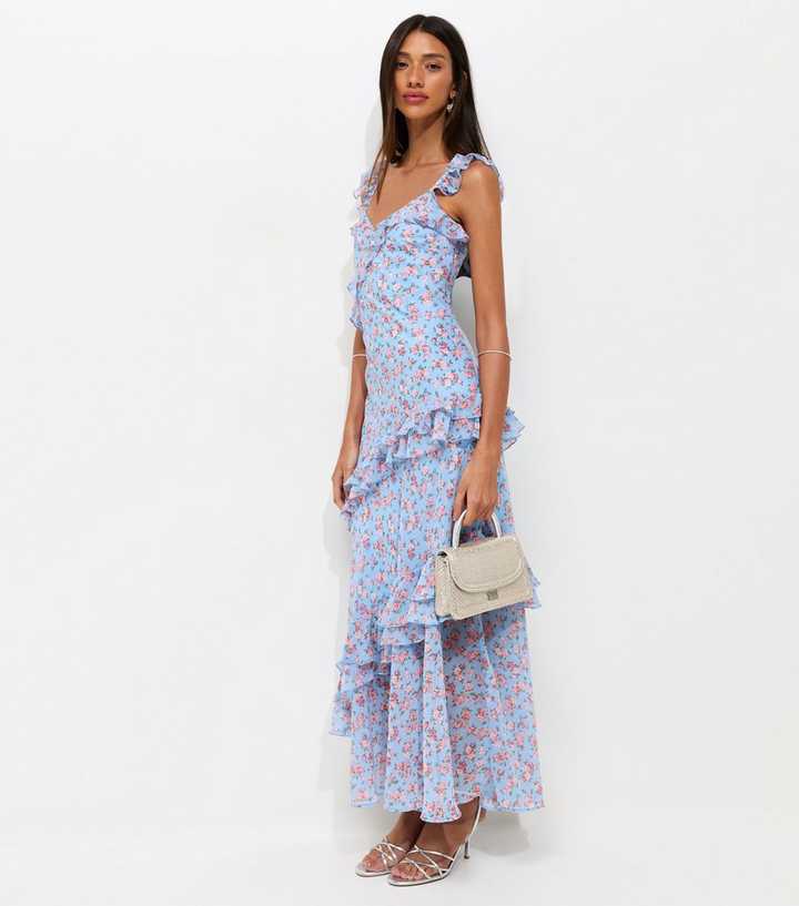 Blue Vintage Rose Print Ruffle Trim Maxi Dress