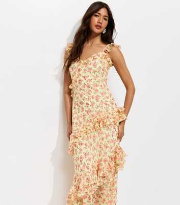 Yellow Chiffon Floral Ruffled Maxi Dress