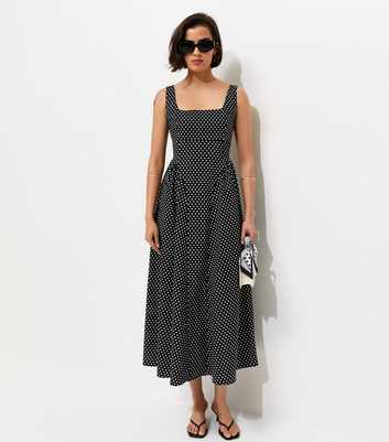 Black Spot Print Square Neck Midi Dress