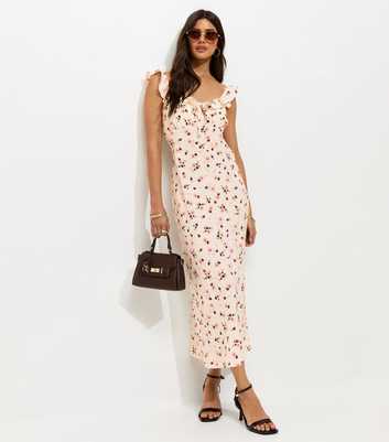 Cream Floral Ruffle Strap Midi Dress