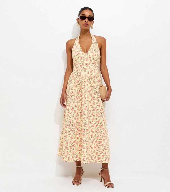 Yellow Floral Print Halter Neck Midi Dress