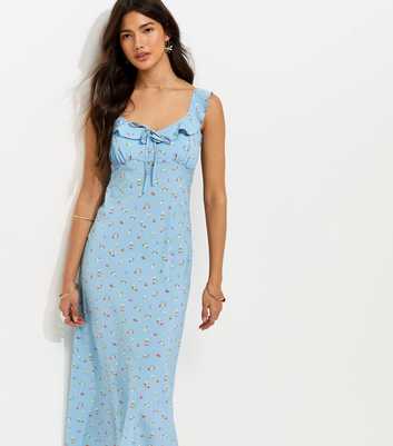Light Blue Ditsy Ruffle Strappy V Neck Midi Dress