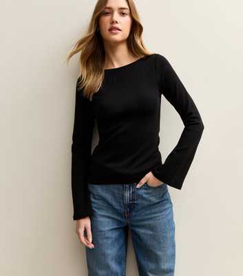 Black Slash Neck Flared Long Sleeve Top