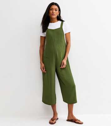 Maternity Dark Khaki Crinkle Texture Cropped Leg Jumpsuit