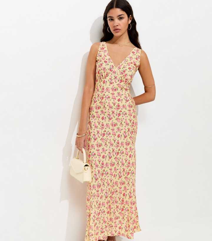 Yellow Floral Print V-Neck Bias Cut Midi Dress
