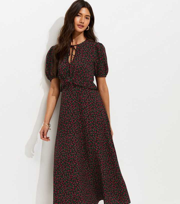 black cocktail dress with ruffles Short Sleeve Floral Midi Dress in Black