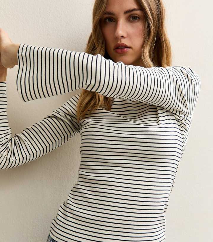 White and Navy Striped Slash Neck Flared Sleeve Top