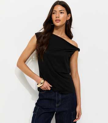 Black Textured Twist Shoulder Top