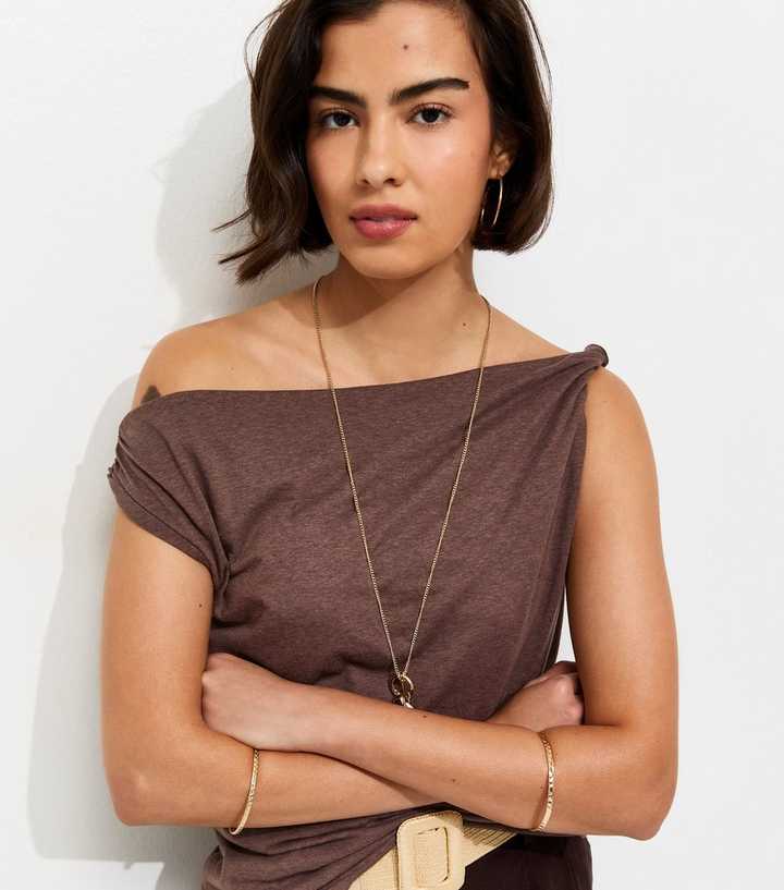 Dark Brown Textured Twist Shoulder Top
