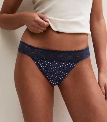 Navy Polka Dot Patterned Micro Lace Top Thong