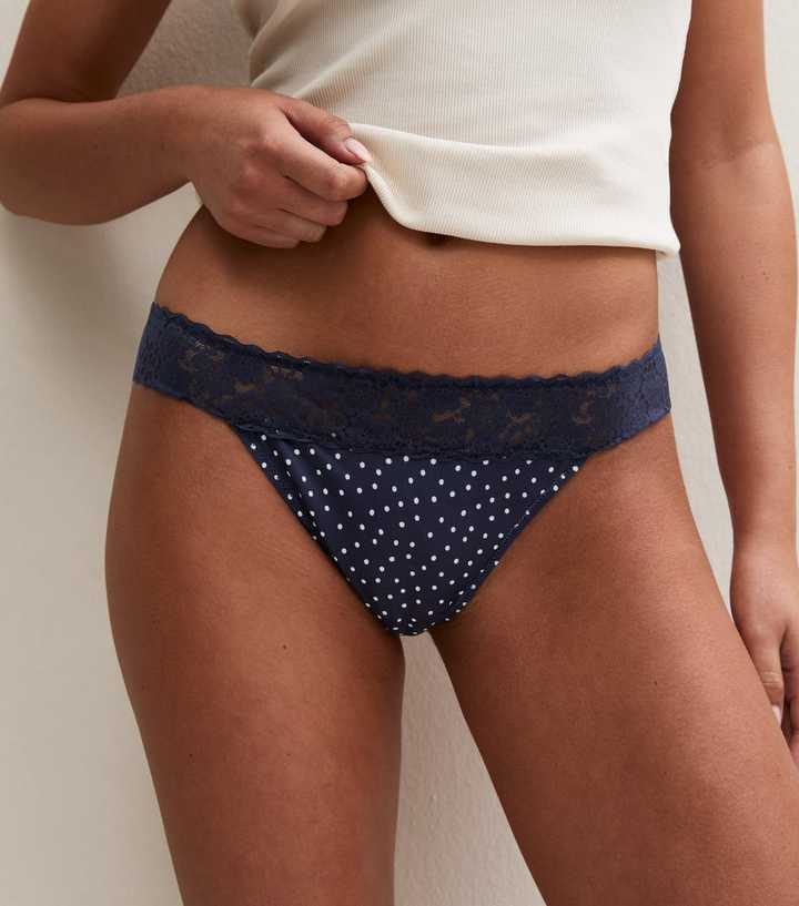 Navy Polka Dot Patterned Micro Lace Top Thong