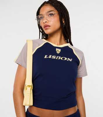 Pink Vanilla Navy Lisbon Print Fitted T-Shirt